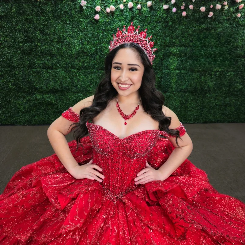

Shiny Red Quinceanera Dress Crystal Sequins Decal Lace Layering Long tail Big Bow vestidos de 15 Quinceanera ﻿Customized
