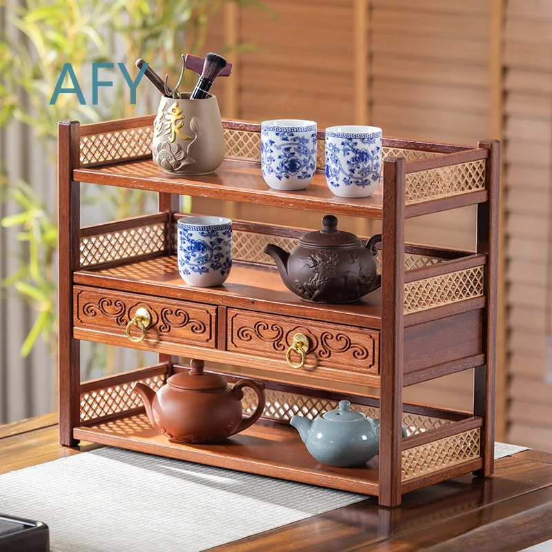 Chinese Style Desk Organizer for Home Office for Tea Shelf for Solid Wood Cup Holder for Multi-layer Storage Rack for Bamboo