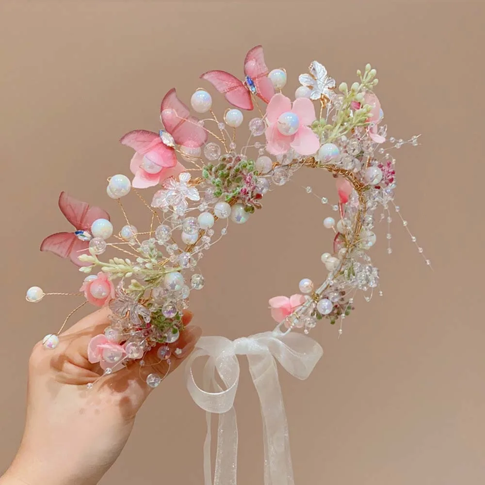 

Bohemia Style Butterfly Fairy Hair Hoop Beads Silk Ribbon Girls Garland Simulation Flower Hair Ornaments Flower Headdress Bridal