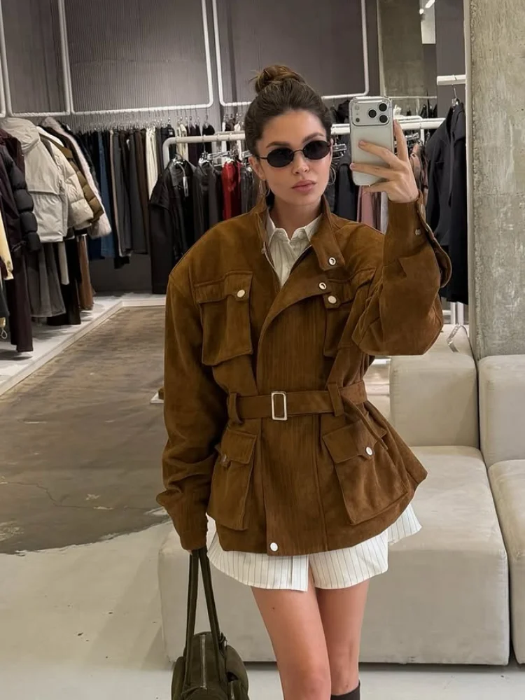 Lady Oatmeal Soft Suede Stand Collar Snap Button Pocket Jackets Chic Long Sleeve Coats Autumn Daily Office Party Chic Outfit