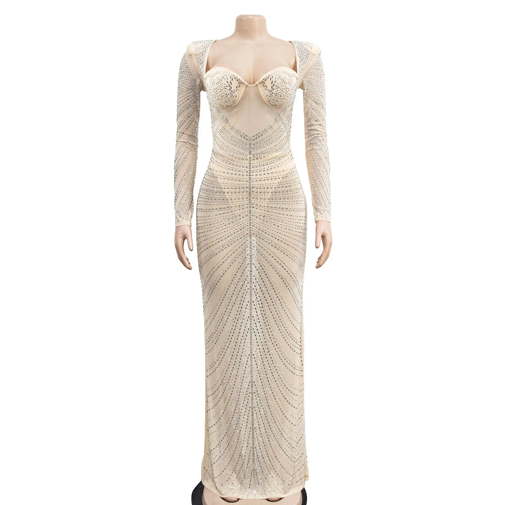 ใหม่แฟชั่นเซ็กซี่แขนยาวสแควร์คอเลื่อมตาข่าย SHEER สีทึบ SLIM FIT Sheath ความยาวชุดผู้หญิง,4 สี