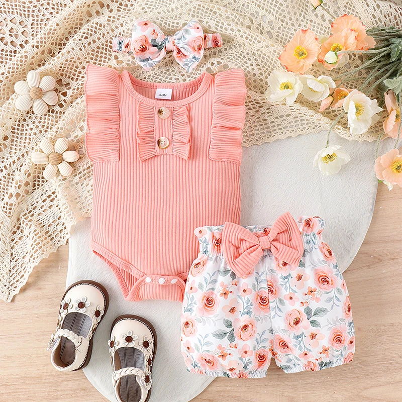 

Baby Girl Summer Set, Sleeveless Frill Trim Ribbed Romper + Elastic Waist Shorts + Bow Headband Infant Toddler 3Pcs Outfit 0-18M