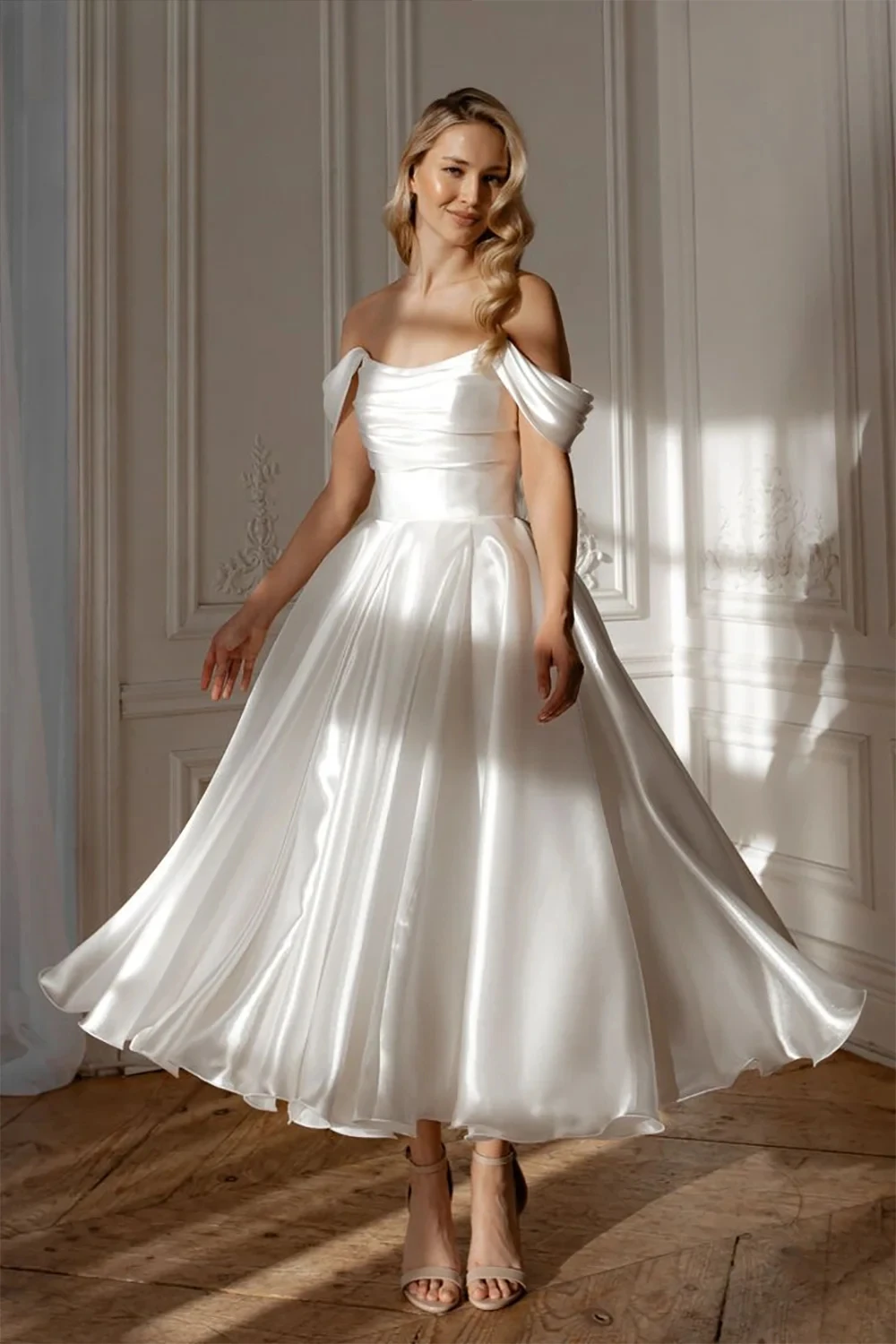lvory Satin Wedding Dress Off The Shoulder A Line Bridal Gowns Women Elegant Ankle Bride Dresses Customized