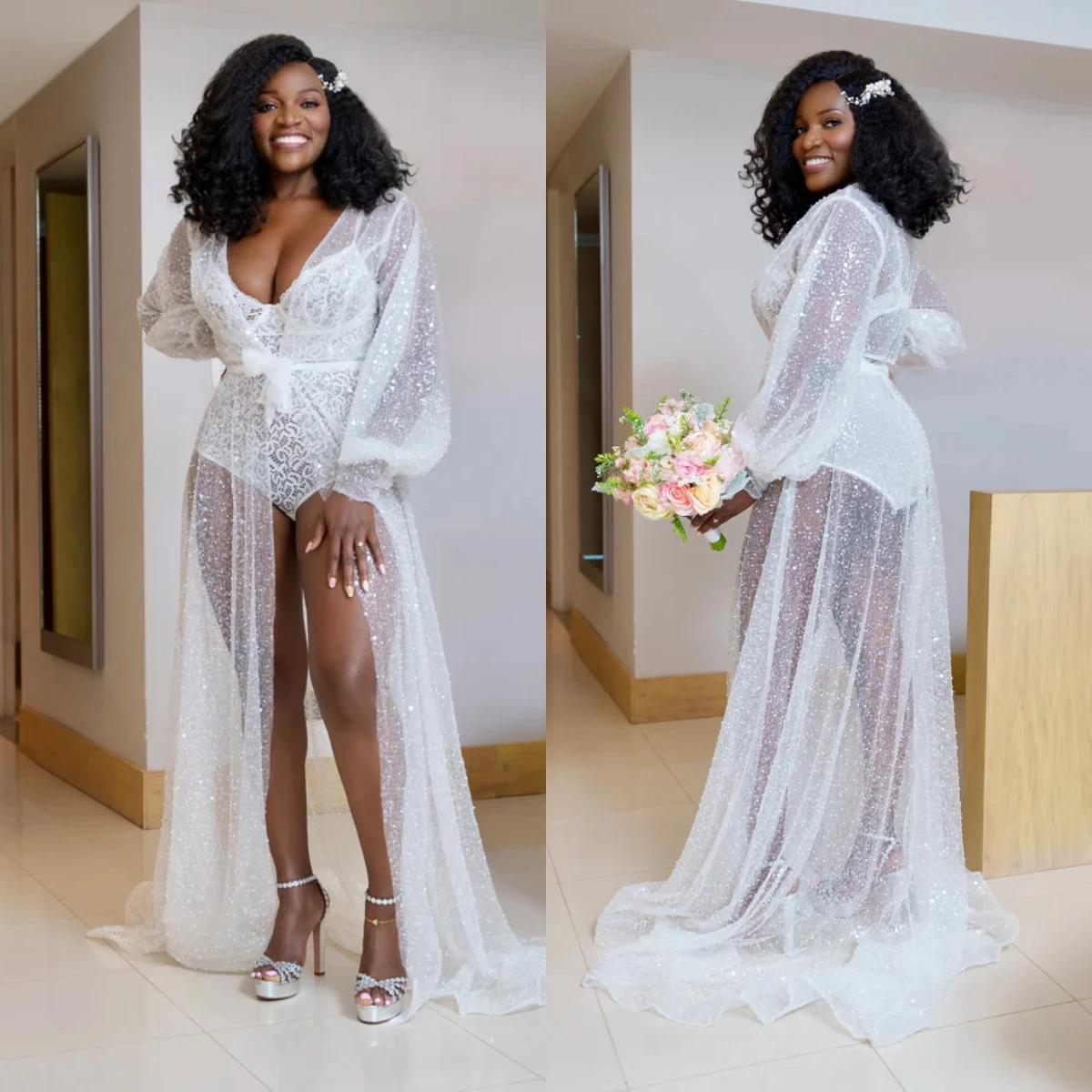 Cswdocy Sequined Bride Wedding Robe And Nightgown Long Sleee Bridal Gowns Photo shoot Maternity Dressing Gown for Photography