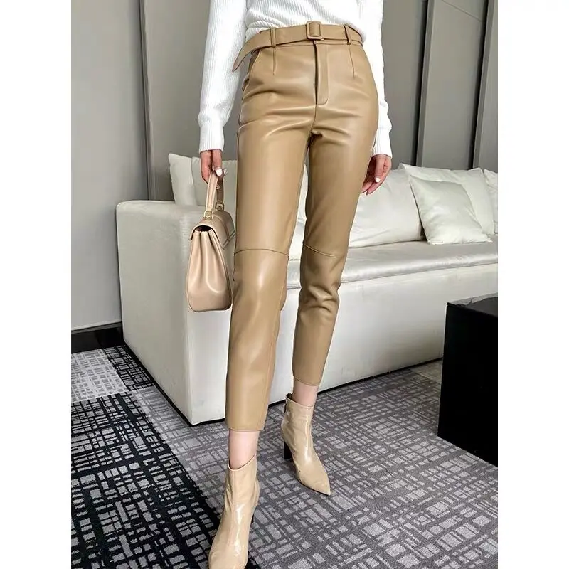 

Real Leather eepskin Women's Skinny Pants Nine-Tenths Length Commute Sle Autumn New Faion Casual Trousers
