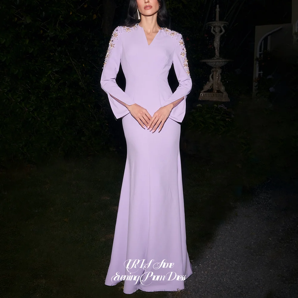 IRIS Elegant Small V Neck Split Long Sleeve Hand Sewn Rhinestone Shoulder Mermaid Maxi Zipper Back Evening Dresses for Women