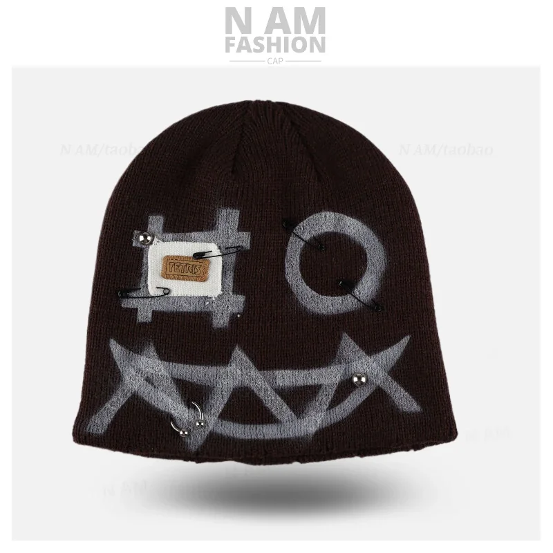 American Punk Style Personalized Graffiti Design Beanies Cap Y2K Winter Warm Versatile Hip Hop Pullover Hat for Men and Women image 3