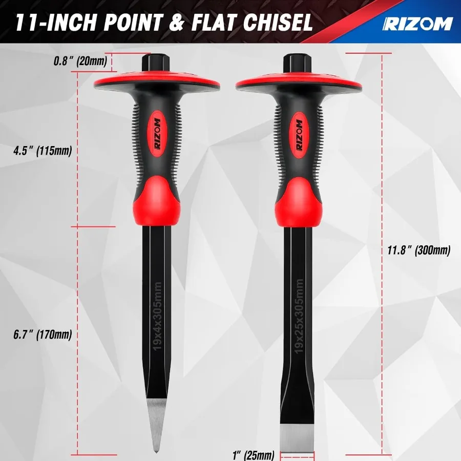 Set di scalpelli con protezione per le mani 3 pezzi di scalpelli per pietra e roccia, strumenti per muratura resistenti, inclusi punta da 11 pollici e piatto da 8 pollici Bric