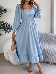 Elegant Square Neck Shirred Waist Ruffle Hem Long Sleeve Dress , Women's Clothing