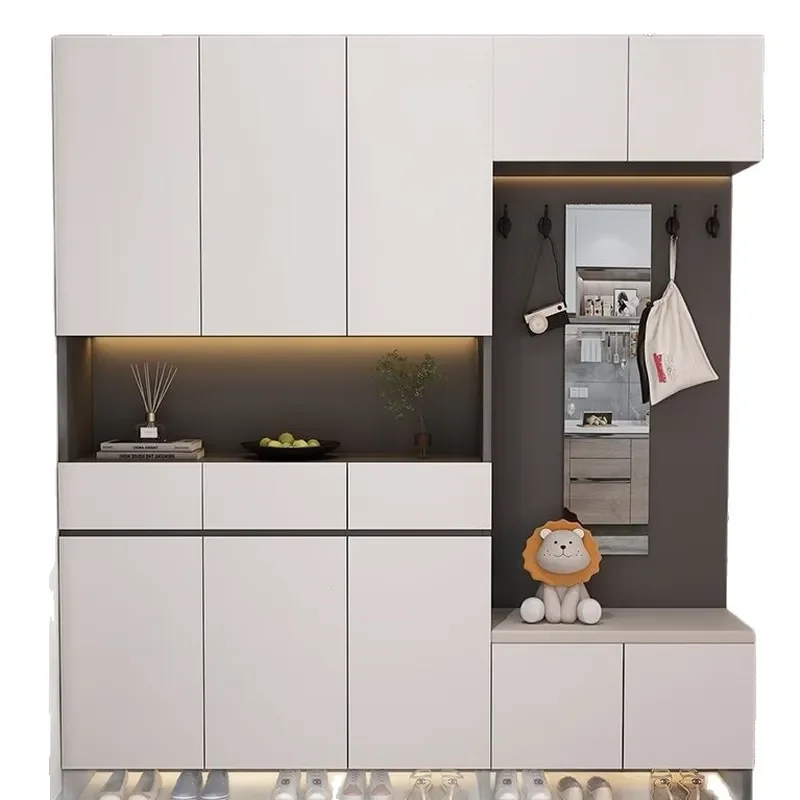 Solid Wood Entryway Cabinet with Shoe Storage and Wine Rack Freestanding Hallway Partition Screen Console Table for Living