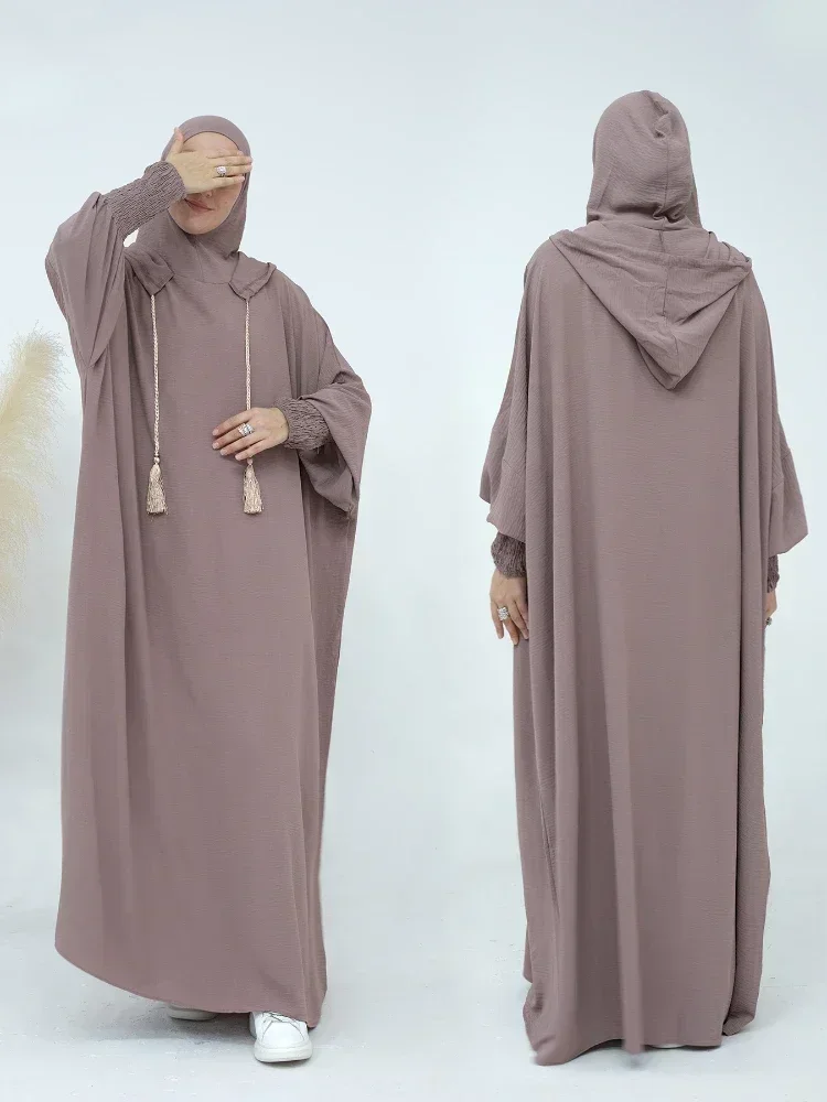 Ramadan Niqab Khimar Hooded Abaya Featuring Drawstring Tassels Dubai Turkey Islamic Muslim Prayer Clothes for Women Kaftan Robe