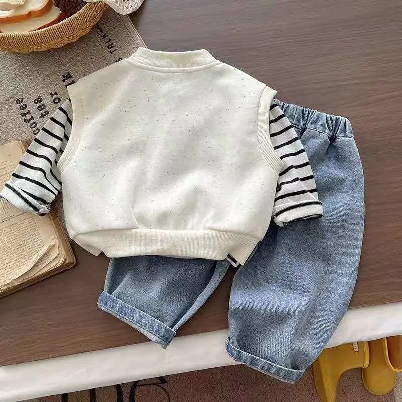 Boys Striped Cartoon Shirt Set 2026 Spring/Autumn New Korean Fashion British Style Three-Piece Set 4