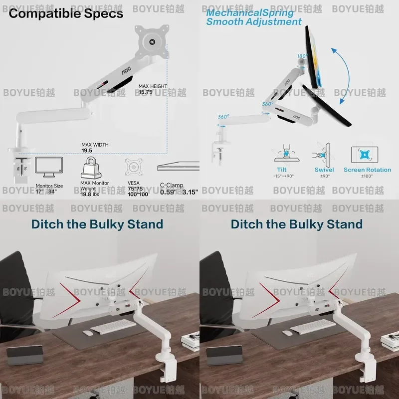 Premium Aluminum Single Monitor Arm Adjustable Desk Mount Stand VESA Clamp Holder for Home Office Computer Display Riser
