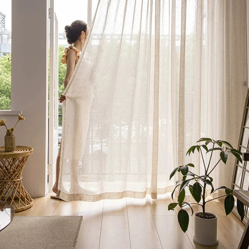 Custom Sizes Polyeste Cotton-linen Look White Tulle Beige Sheer Curtains for Living Dining Room Bedroom Elegant Window Decor