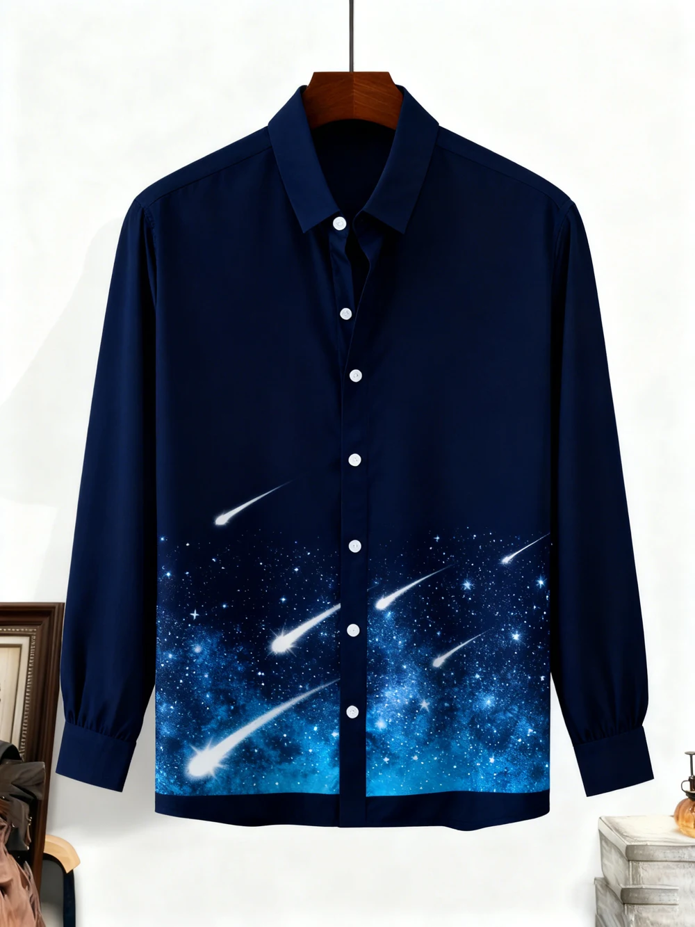 Men's Golden Auspicious Clouds Rainbow Bridge Meteor Shower Pattern Shirt Hawaiian Vacation Long-sleeved Lapel Soft Top Clothing