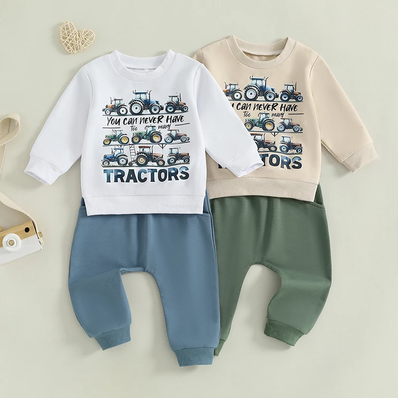 

Kids Baby Boy Track Suit Tractor Letter Print Long Sleeve Sweatshirt and Elastic Pants 2 Piece Clothes Outfits for Toddler