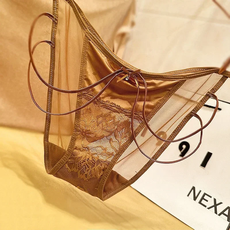 Light Luxury Ice Silk Satin Patchwork Lace Women Thin Underwear Comfortable Skin-friendly Mesh Breathable Elastic Triangle Pants