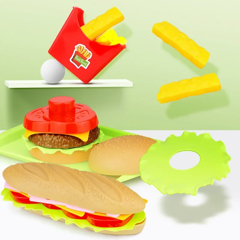 Brinquedo crianças fingir simulação comida cozinha jogar conjunto de alimentos panelas pote hambúrguer cachorro quente batatas fritas pizza brinquedos interativos para crianças
