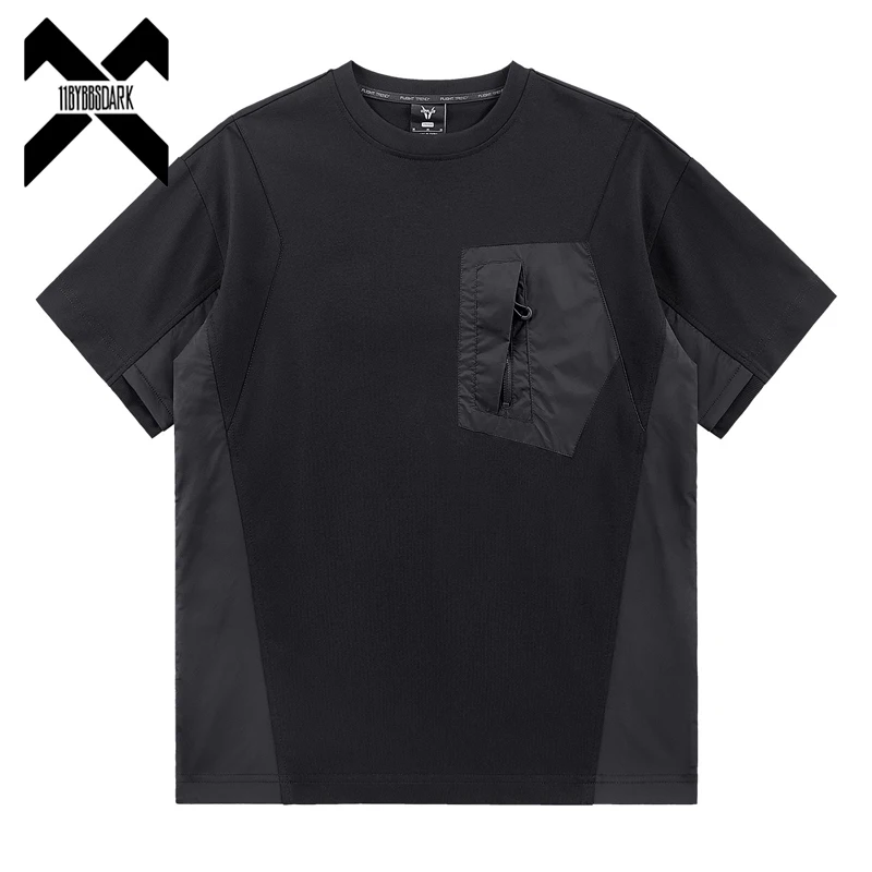 Men's Tactical T-Shirt Summer 2025 Techwear Patchwork Short Sleeve Functional Streetwear Black Top