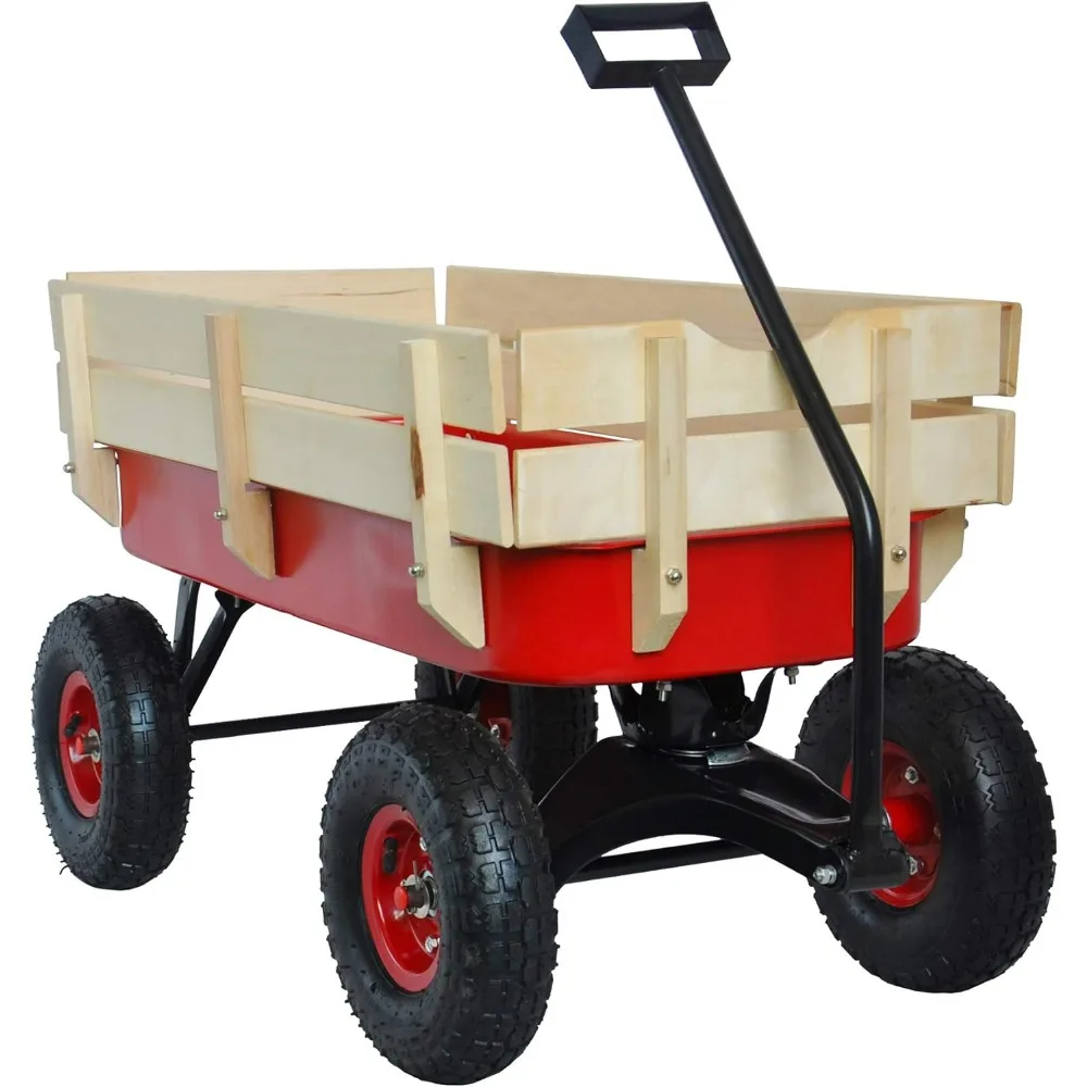 

Utility Wagon All Terrain Rolling Cart With 24.8" Pulling Handle, Removable Wood Panel, Steel Frame & Pneumatic Tires On