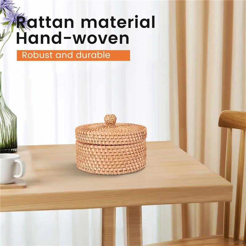 

TKOH-3X Handwoven Rattan Storage Box With Lid Wicker Tea Food Container Picnic Bread Fruit Cake Basket Kitchen Organizer B