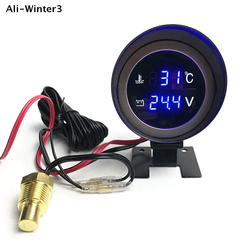 

【Tr3】2 In 1 12V 24V Round Led Digital Car Truck Water Temp Gauge Temperature Sensor Temperatura Moto + Voltmeter Voltage Meter
