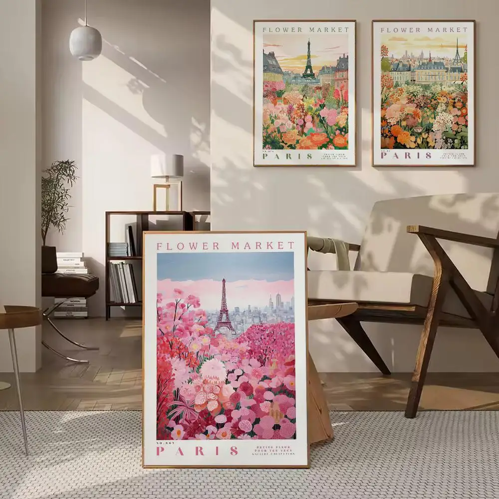 Paris Flower Market HD Wall Art Poster Eiffel Tower Cityscape French Botanical Floral Art Home Decor Living Room Bedroom Gift
