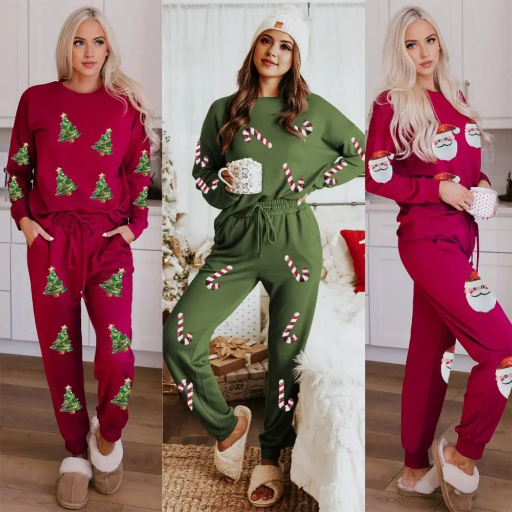 Santa Claus Patterned Set Drawstring Trousers Outfit Festive Holiday Pajama Set with Sequin Detailing Christmas Tree for New