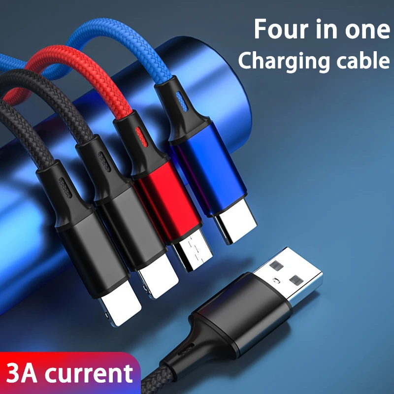 4 In 1 USB Cable For iPhone 3 In 1 USB A To Micro USB/Type C/8 Pin Charger Cable 3A Fast Charging Cabl For Huawei Samsung Xiaomi