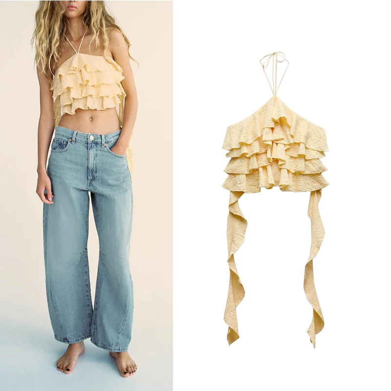 Top corto ort Sve para mujer, diseño Irregular, dobladillo con volantes, chaleco de línea Ne colgante, fibra de poliéster, corte ajustado, novedad de verano