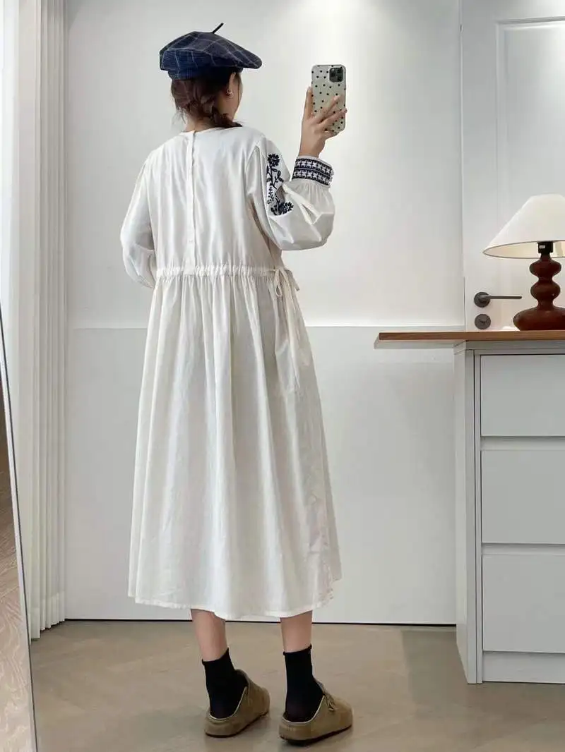Japanse Vintage Mori Meisje Etnische Stijl Borduren Katoenen Jurk Vrouwen Herfst Stand Kraag Lange Mouw Casual Losse Midi Jurken