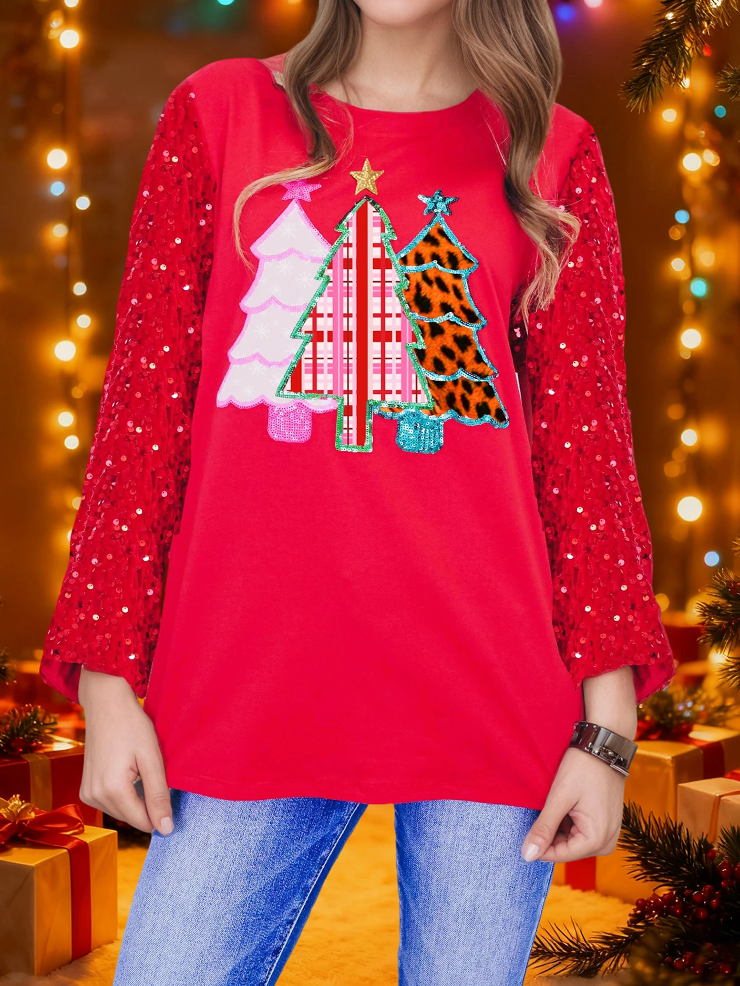 

Женский праздничный свитшот с блестками и принтом оленей, повседневный свитшот с круглым вырезом и длинными рукавами, пуловер с рождественской елкой, уличная одежда