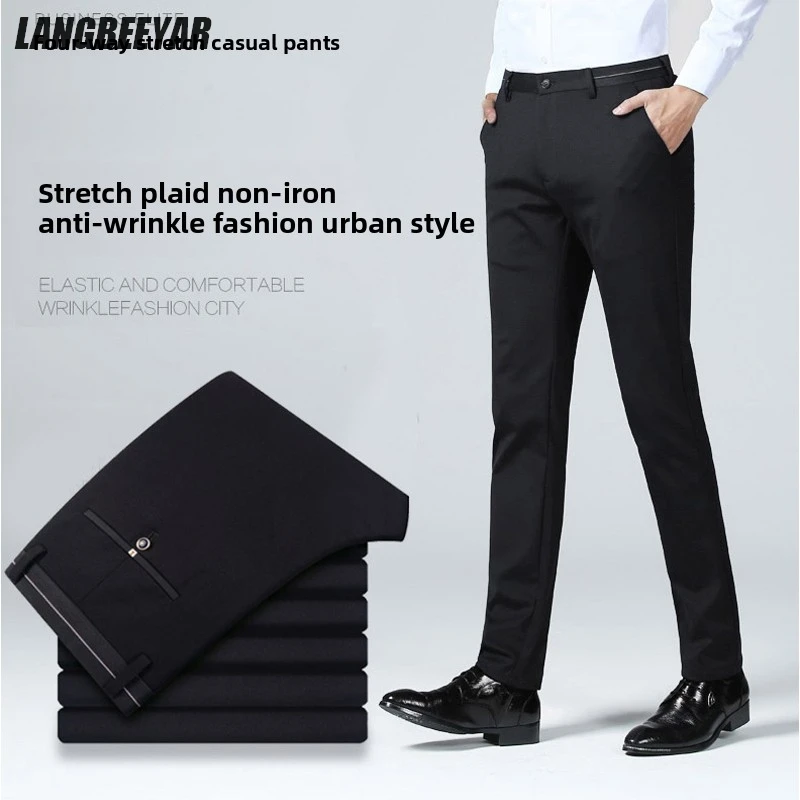 

Top Grade Flat Waist Milk Shreds Business New Brand Casual Office Fashion Long Straight Pants Men Trousers Mens Clothes 2025