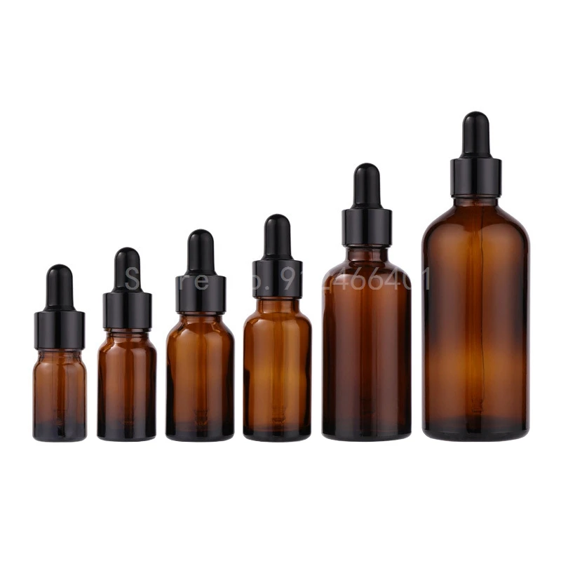 Flaconi contagocce in vetro da 10 pezzi 5ml 10ml 15ml 20ml 30ml 50ml 100ml flacone per Pipette con olio essenziale marrone ambra tappo vuoto nero oro