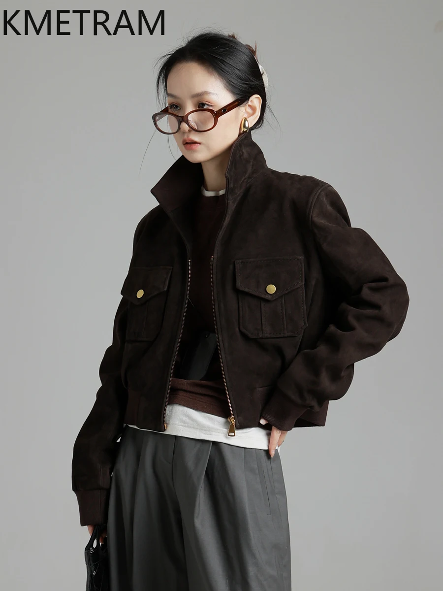 Kurtka ze skóry owczej KMETRAM 100% naturalna, prawdziwa skóra zamszowa, brązowa krótka kurtka, jesień, poduszki na ramiona, odzież damska 2025, пальто