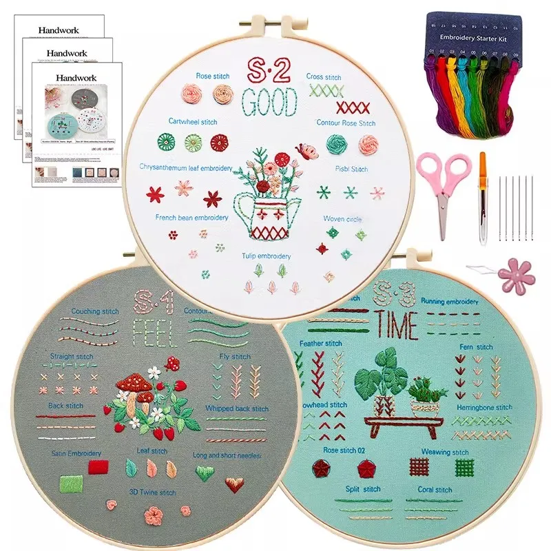 Your First Embroidery Kit! Beginner Practice Set to Learn Basic Stitches, All-in-One Supplies Fabric & Patterns Craft Gift