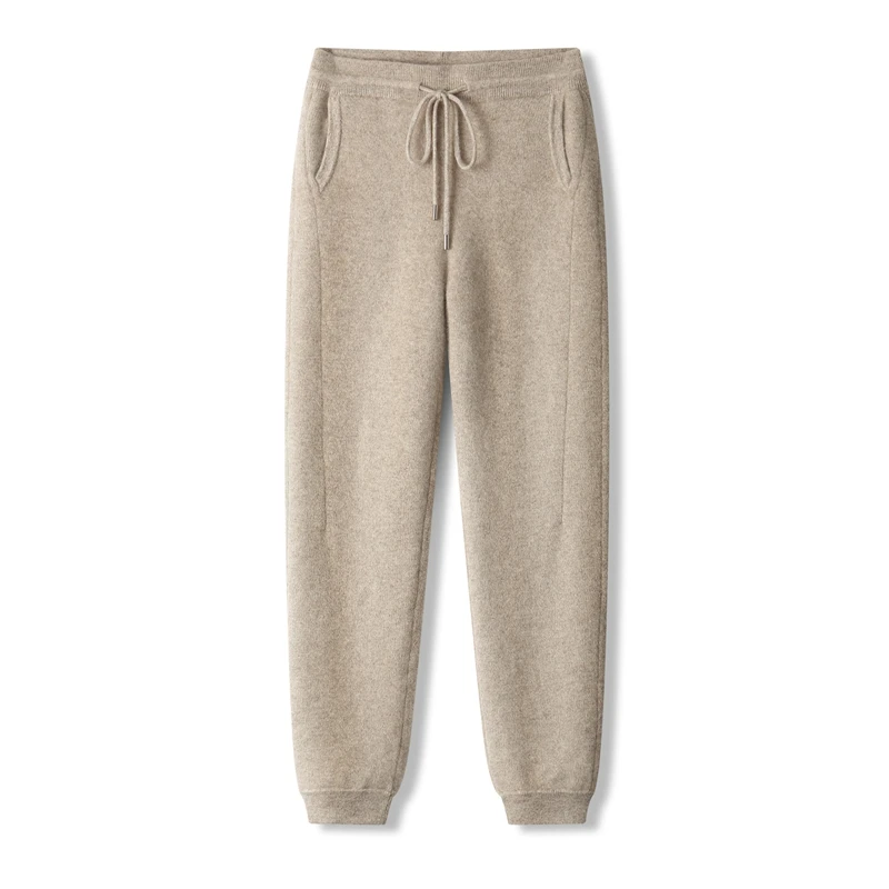 Outono inverno masculino 100% lã merino cintura elástica grosso algemado tornozelo calças compridas com bolsos esportes elegantes calças de malha quente
