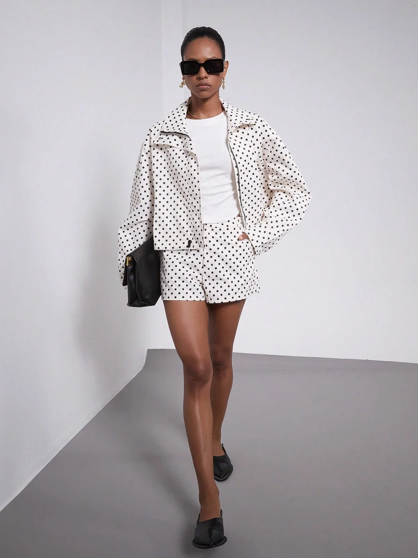 

Women Polka Dot Stand Collar Bomber Jacket And Shorts Set Streetwear Casual Outerwear