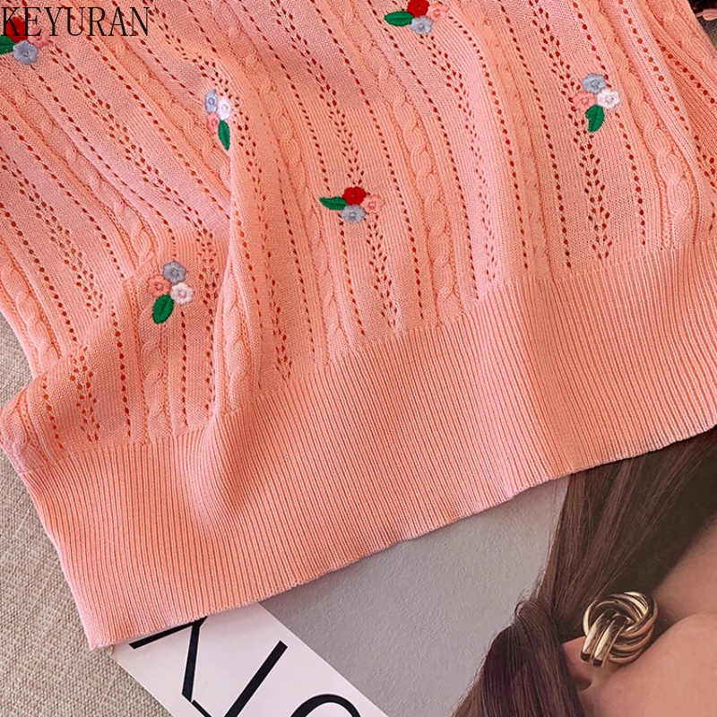 2024 Spring Summer Flower Short Sleeve Sweater Women Knit T-Shirt Thin Hollow Out Polo Collar Pullover Knitwear Tops Tees Jumper