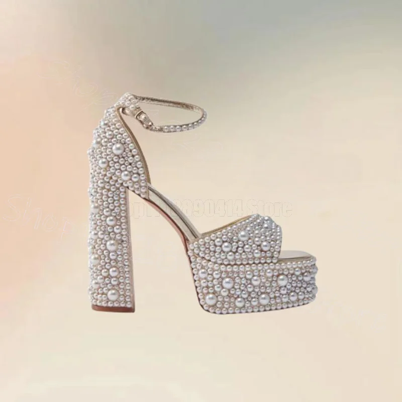 White Pearl Decor Open Toe Platform Sandals Buckle Strap Women Shoes Chunky High Heels Party Banquet 2025 Zapatos Para Mujere