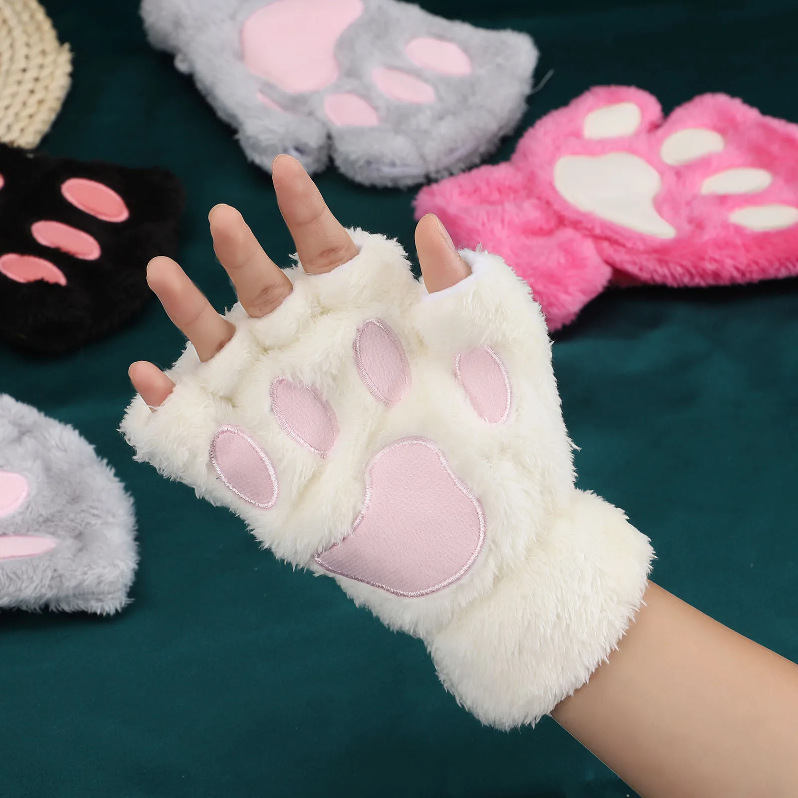 การ์ตูน Cat Claw ถุงมือสุภาพสตรีฤดูหนาวน่ารักสาวปลายนิ้วหนา WARM Plush Half-Finger ถุงมือกลางแจ้ง