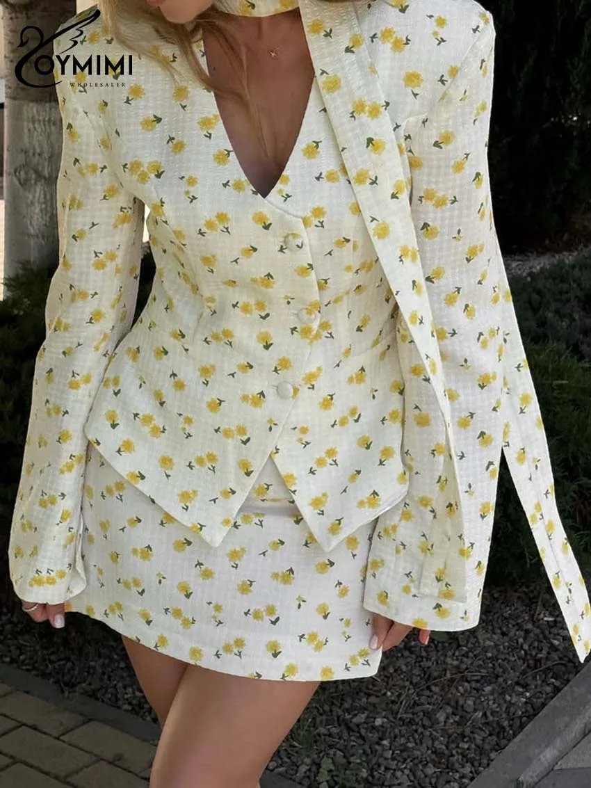 Oymimi Elegant Yellow Print Woman 2 Piece Set Outfit Fashion Long Sleeve Lace-Up Single Breasted Shirts And Slim Mini Skirts Set
