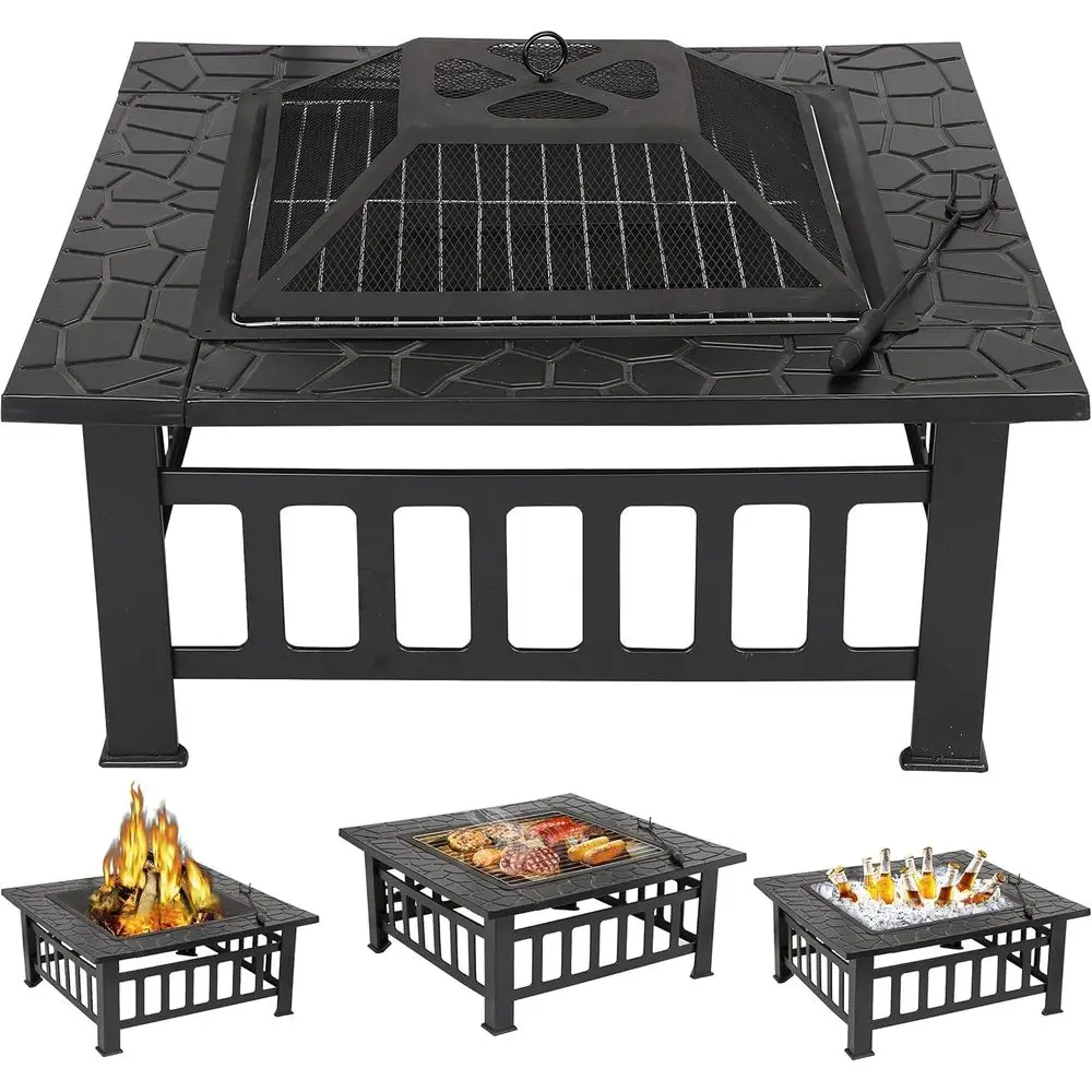 

32" Outdoor ire Pit Square Table Metal irt Table Backyard Patio Garden Stove Wood Burning ireplace w/ Waterproo Cover, Spark Sn