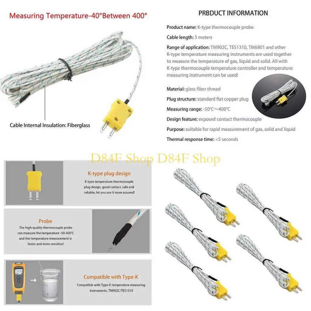 D84F Прочный K -тип термопары датчика датчика контроллера датчика от -50 до 400 ° C Измерение кабеля измерения