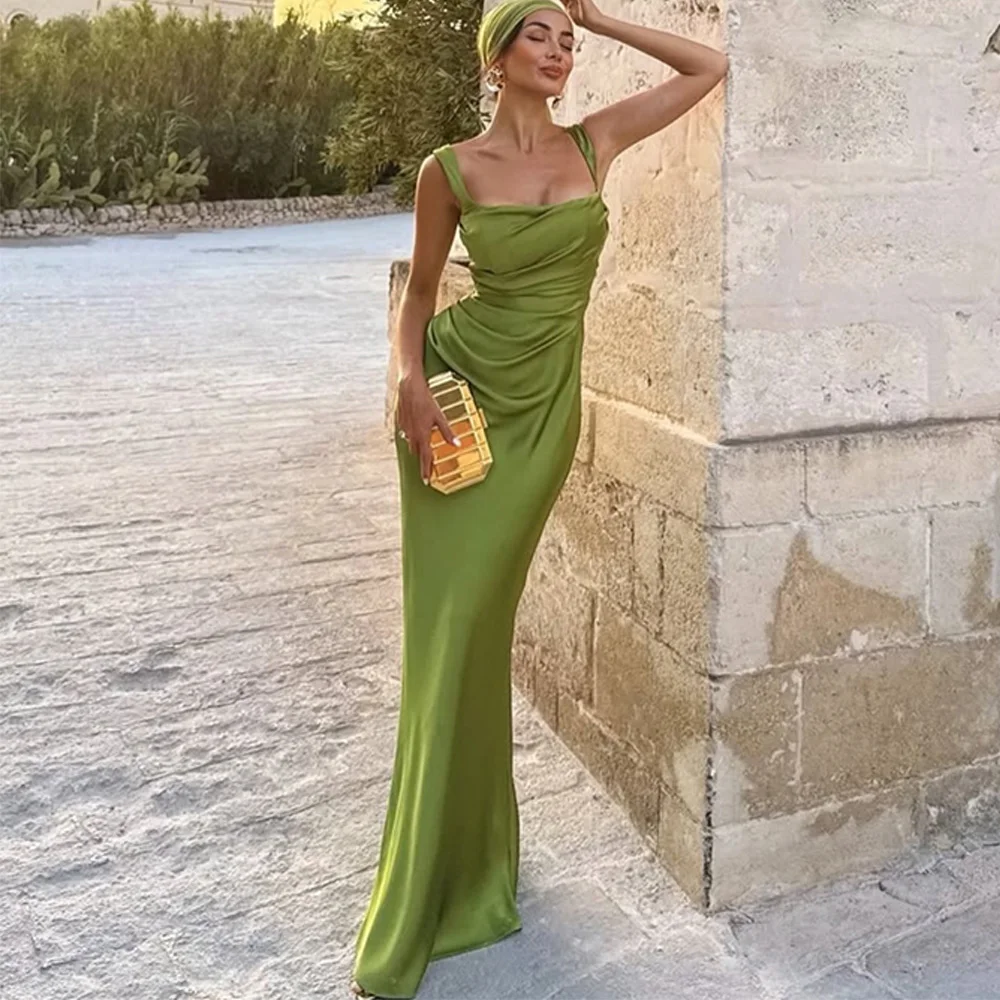 

Customized Simple Satin Celebrity Gowns Elegant Mermaid Pleats Evening Dress Temperament High Collar Sleeveless Prom Dresses