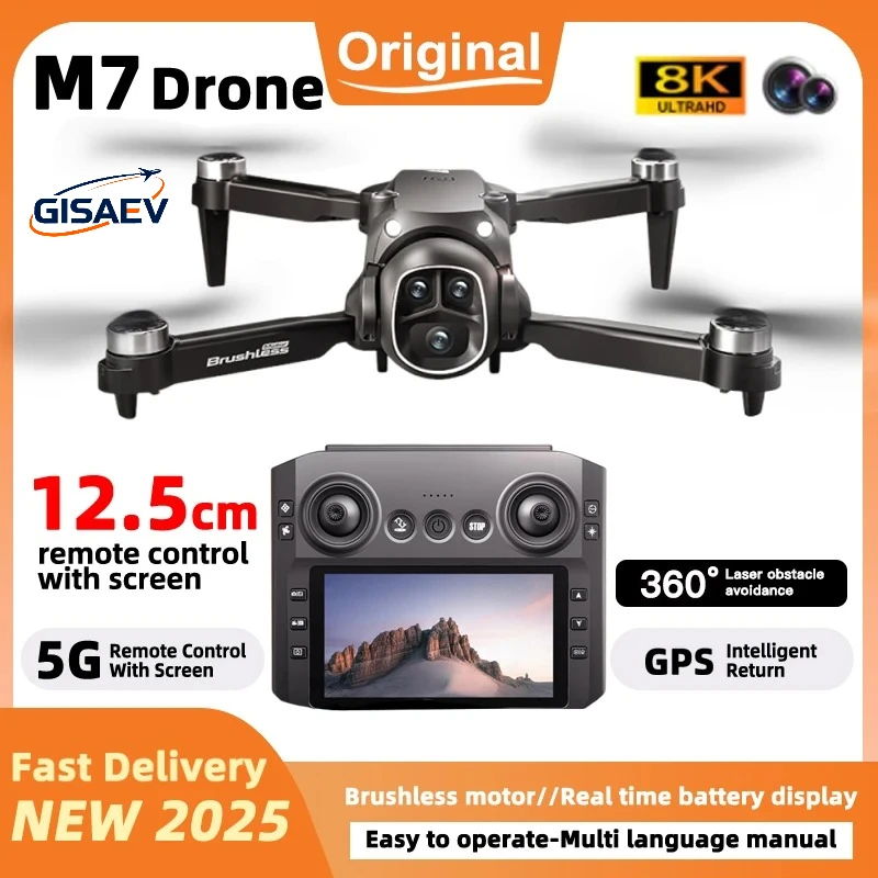 GISAEV New M7 Drone 8K Professional HD Camera 5G FPV 360° Obstacle Avoidance Brushless Large Screen RC GPS Quadcopter Toys Gift