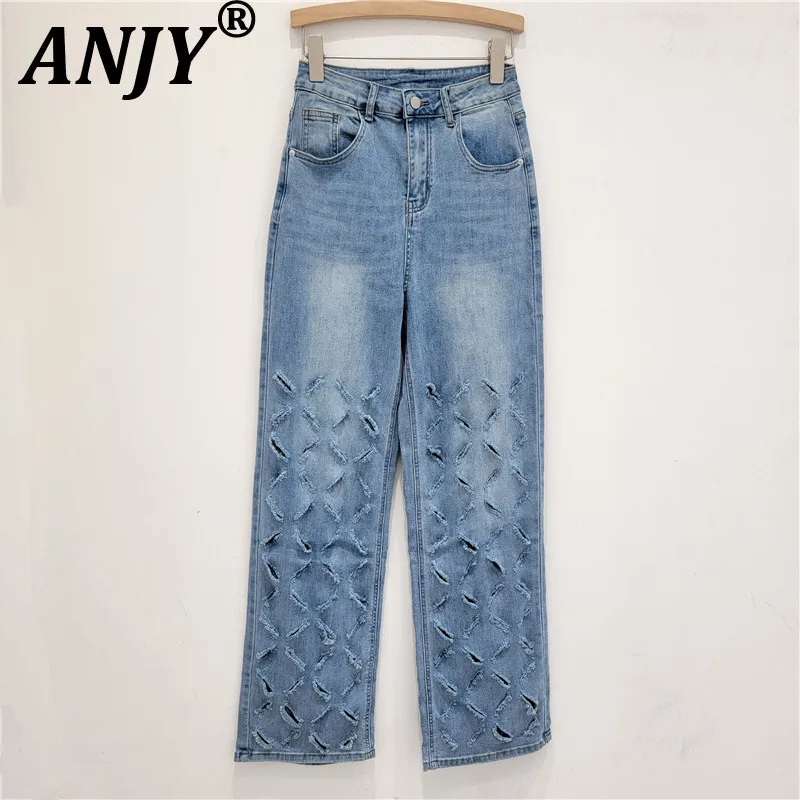 

ANJY Summer New Women Tide Ripped Jeans Hollow Out Straight Distressed Denim Vintage High Street Elegant Stylish Y2K Pants A9589