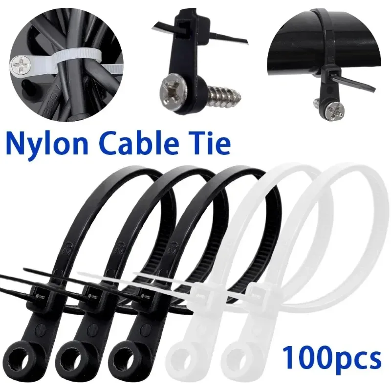 100/500Pcs Screw Hole Nylon Cable Tie Fixed Cable Tie Adjustable Self Locking Fastening Loop Home Multipurpose Office Organizer