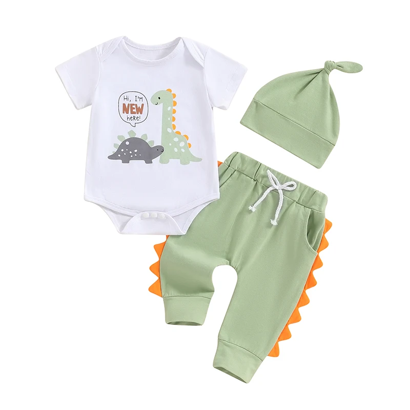 Newborn Outfit Dinosaur Baby Clothes Romper T-shirt Top and Pants Set Cute Coming Home Suits Green Dinosaur