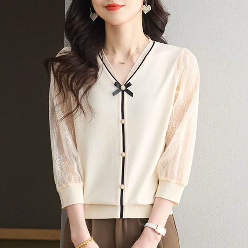 

Осень 2023 г., новая тонкая футболка с рукавом 7 четвертей и v-образным вырезом, вязаный свитер из ледяного шелка с рукавами и бантом, женский топ